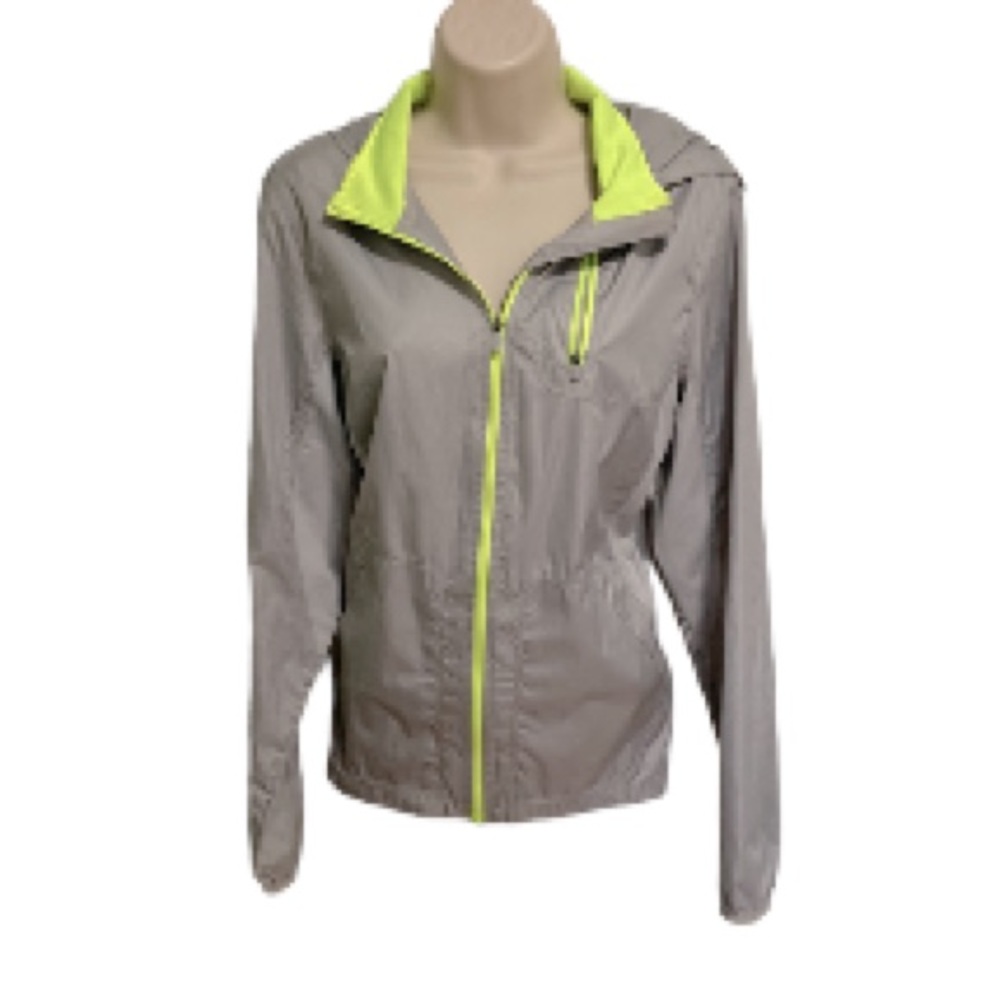 DANSKIN NOW Windbreaker Runner Lightweight Jacket Silver Gray Neon Yellow Medium